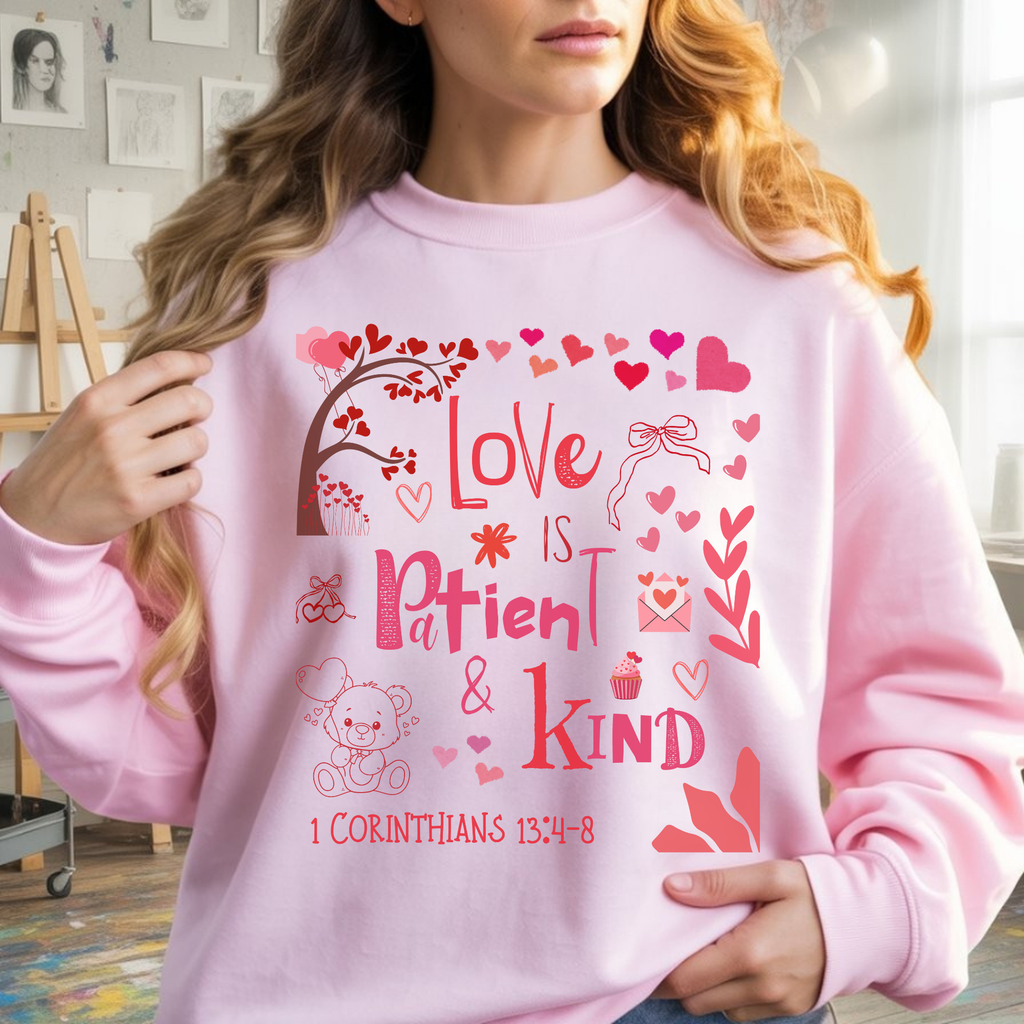 Love is Patient &amp; Kind Sweatshirt | 1 Corinthians 13:4–8 Crewneck, Faith Shirt Kids T-Shirt for Parents